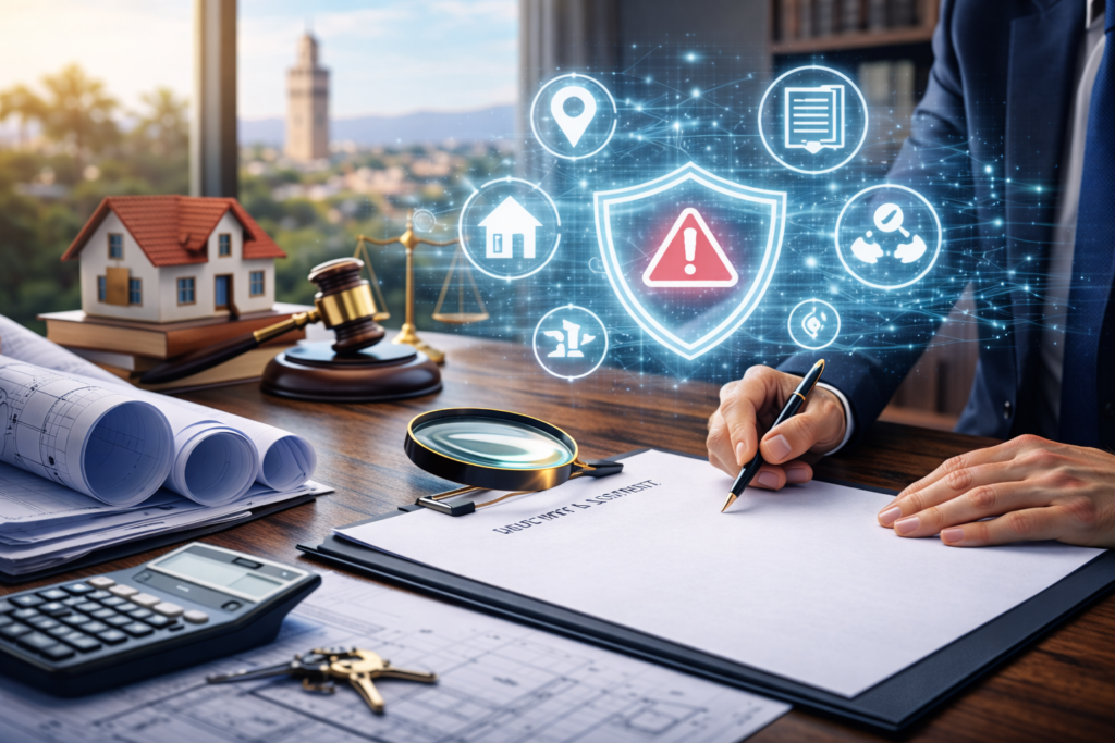 Real estate legal risk in Morocco illustration showing property contract review and legal compliance assessment