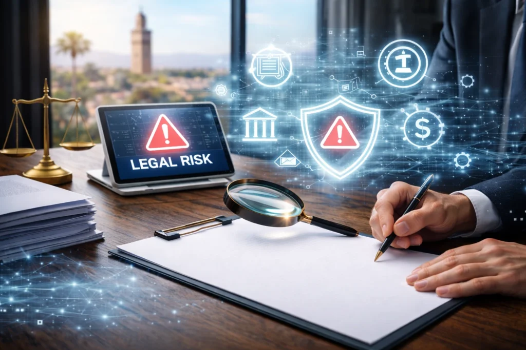 Business legal risk assessment in Morocco reviewing corporate documents and regulatory exposure