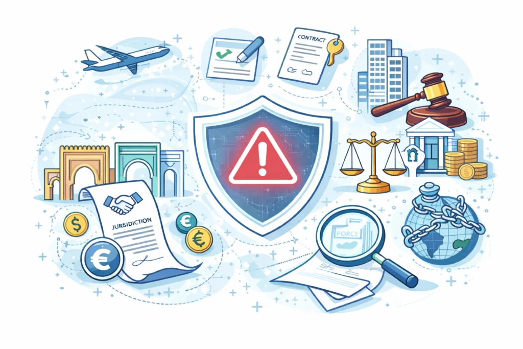 Cross-border legal risk in Morocco illustration showing international contract review, jurisdiction analysis, and regulatory compliance assessment