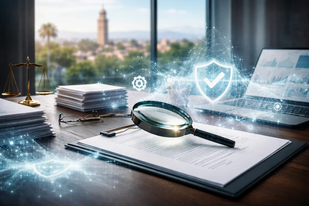 Legal due diligence in Morocco reviewing contracts and corporate risk assessment documents