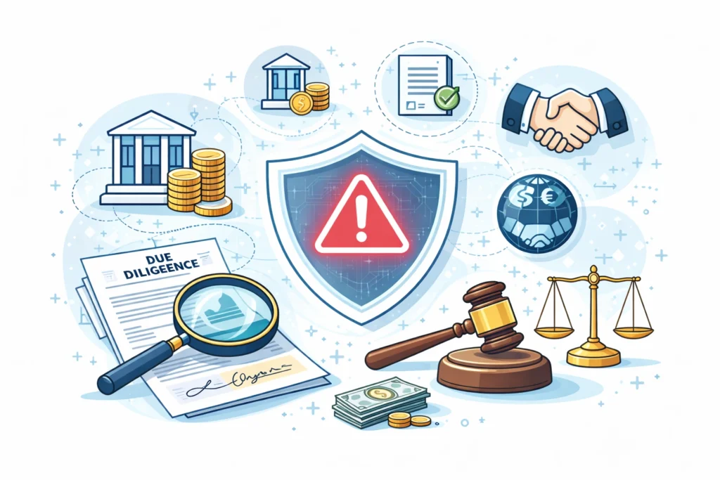 Legal risk before investment in Morocco illustration showing investment analysis, contract review, and regulatory compliance assessment